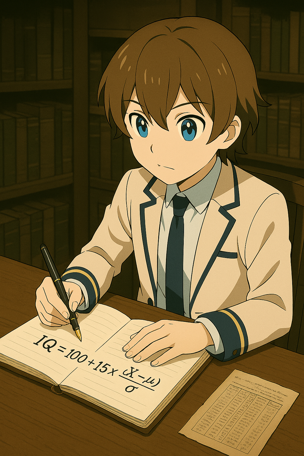 Maksim先生が机上でIQ計算式をノートに書き記す様子