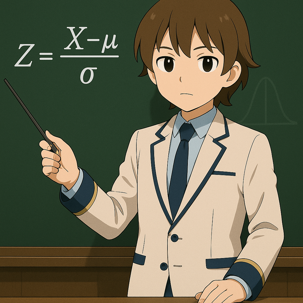 Maksim先生がZスコアについて黒板で講義する様子