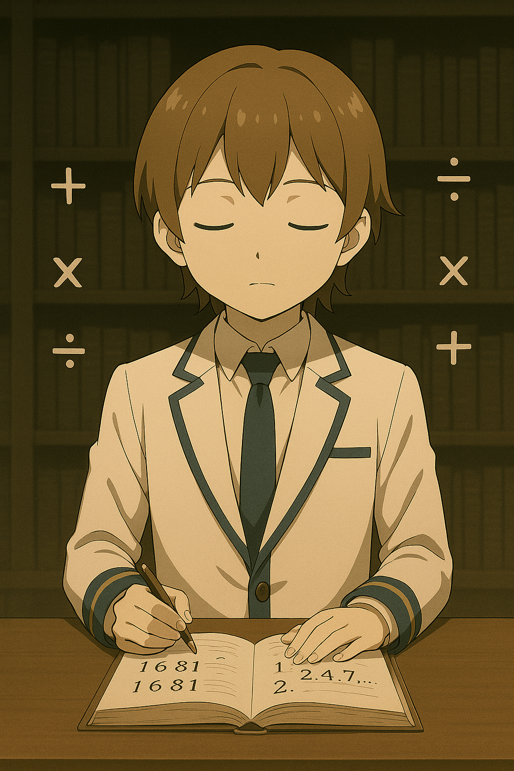 Maksimが書を前に、目を閉じて演算子の組み合わせについて内面で処理している。周囲には+,−,×,÷が浮かぶ。