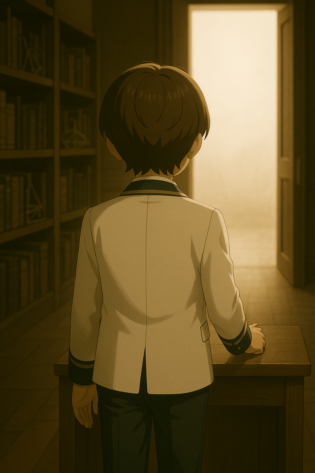 Maksimが静かな図書館のような空間で背を向けて歩き出すシーン。構造的思索の余韻を残す。