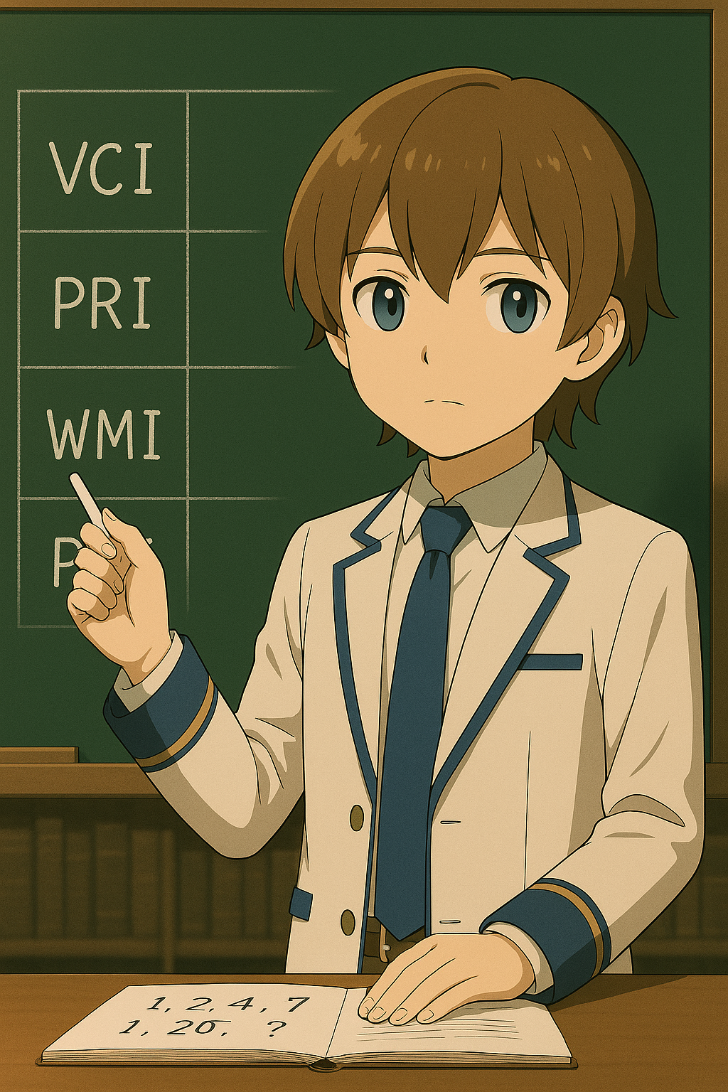 Maksimが黒板を前にWAISの4指標について解説している様子。指でWMIを指しながら冷静に説明中。