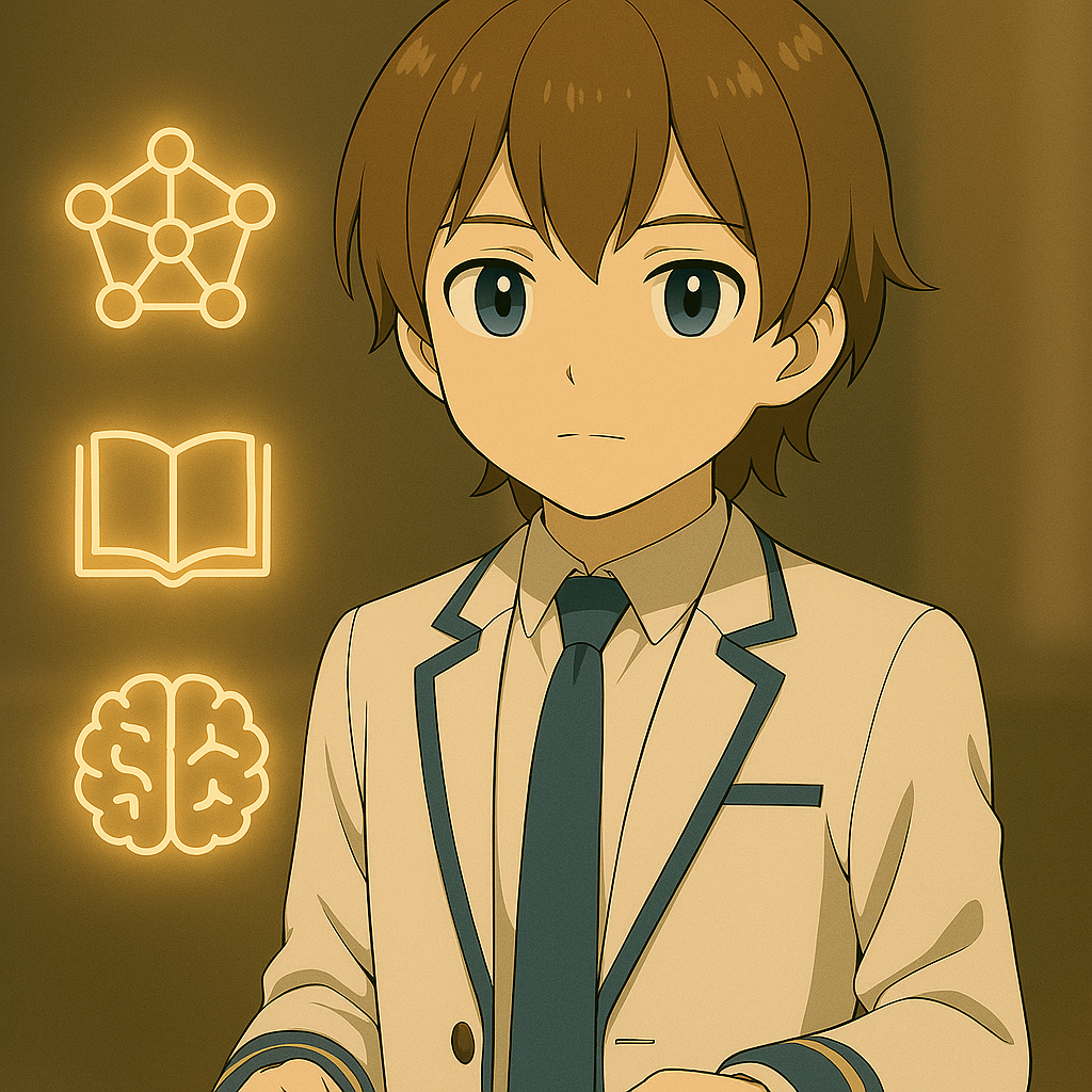 Maksimが中性的な表情でアイコンの前に立っている。知性・読書・脳の3つの象徴が静かに浮かぶ。
