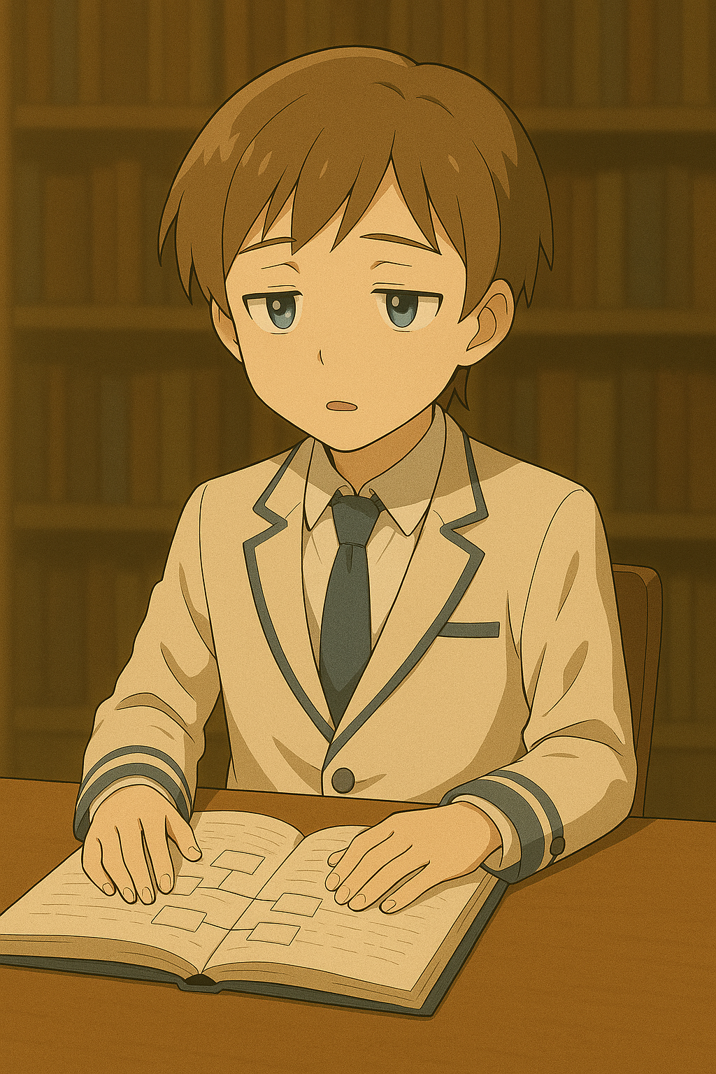 白衣風のブレザーを着た少年が、わずかにため息をつくような穏やかな表情で机に座っている。目は半開きで軽い疲労を感じさせる。