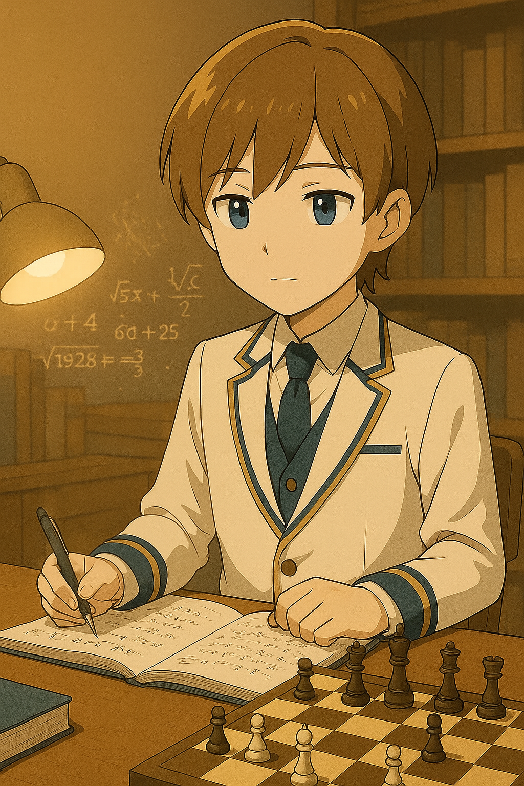 ノートとチェス盤で思考訓練を進めるMaksim — 静かな学びの時間