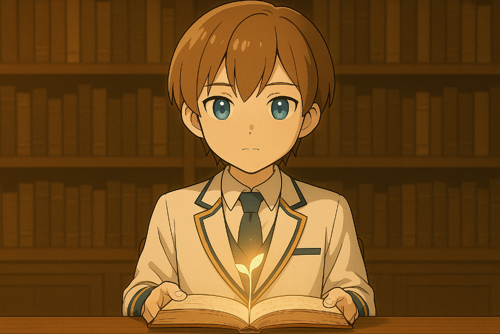 本を開くMaksimの前に、光る芽が浮かぶ。静かな書斎で知の始まりを象徴する構図。