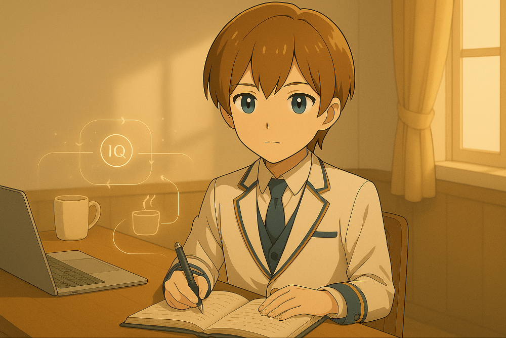 朝の光が差す机でMaksimがノートに書き込み、周囲のコーヒーやPCとつながる淡いラインが習慣の連鎖を示す。