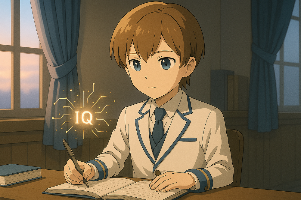 朝焼けの静かな部屋でMaksimがノートに集中して鍛錬している様子。白衣風ブレザー姿。