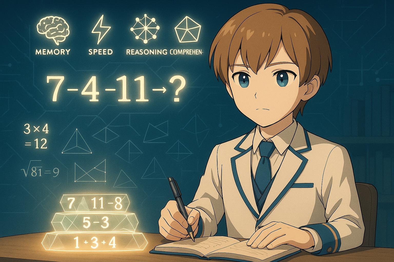 Maksimが空中に浮かぶ数列パズルを解いているアニメ風シーン。周囲には『記憶・速度・理解・知覚』の脳機能アイコンが光りながら浮かんでいる。
