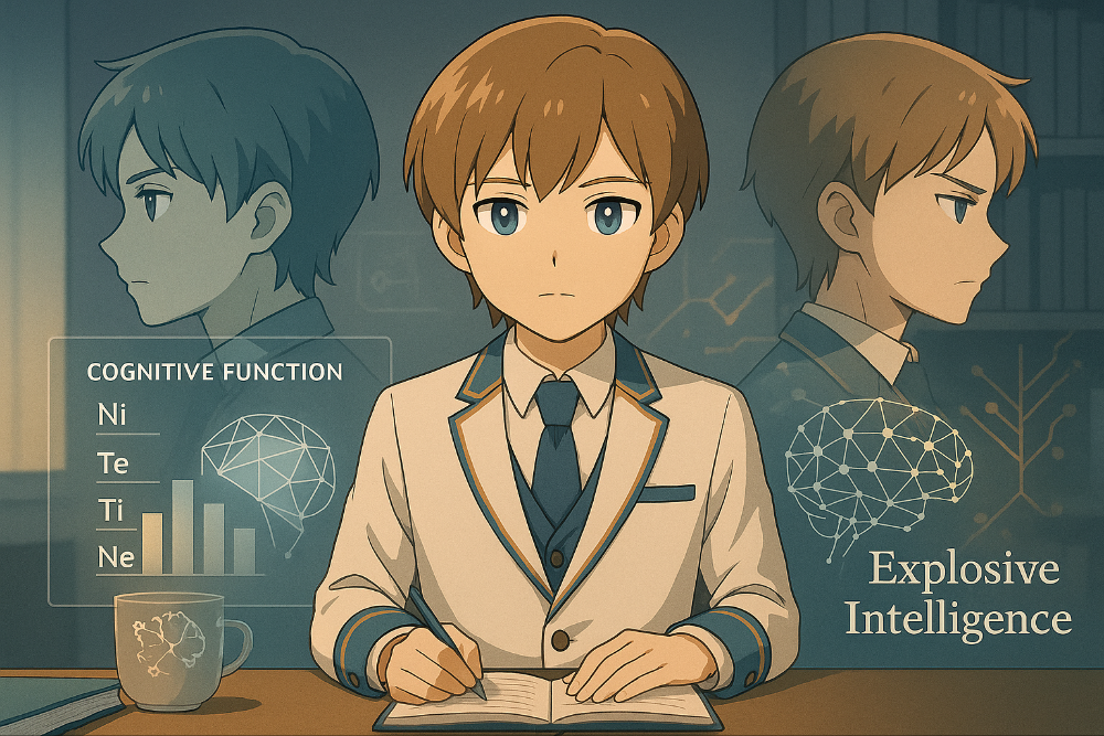 Maksim が静かな研究室で思索する姿。左右に薄く重なるINTP/INTJの二面像と、背後に認知機能ダイアグラムが淡く浮かび、認知モード切替(Ti↔Ni)を象徴する構図。