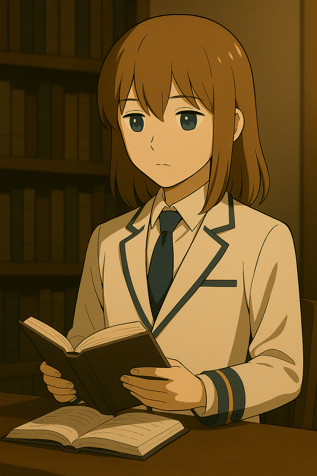 Maksimが本棚の前で読書している姿