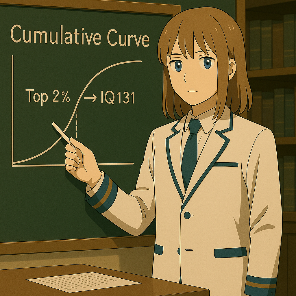 累積曲線で上位2%とIQ131を示すMaksimのイラスト