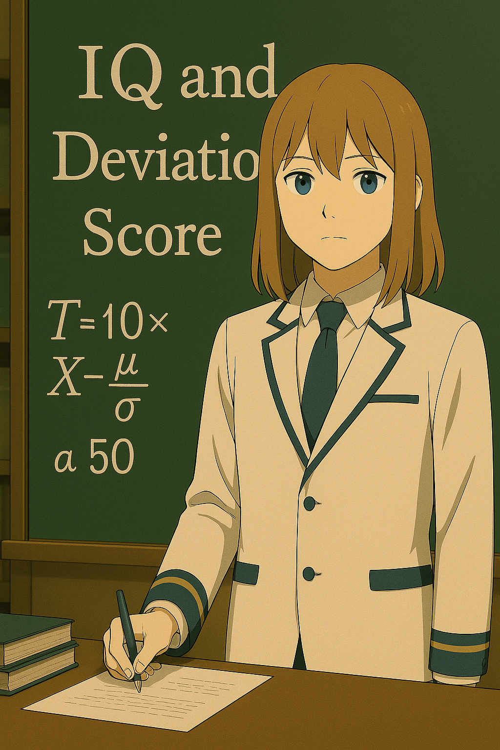 Pointing to the deviation score formula T = 10 × (X - μ) / σ + 50 on the chalkboard