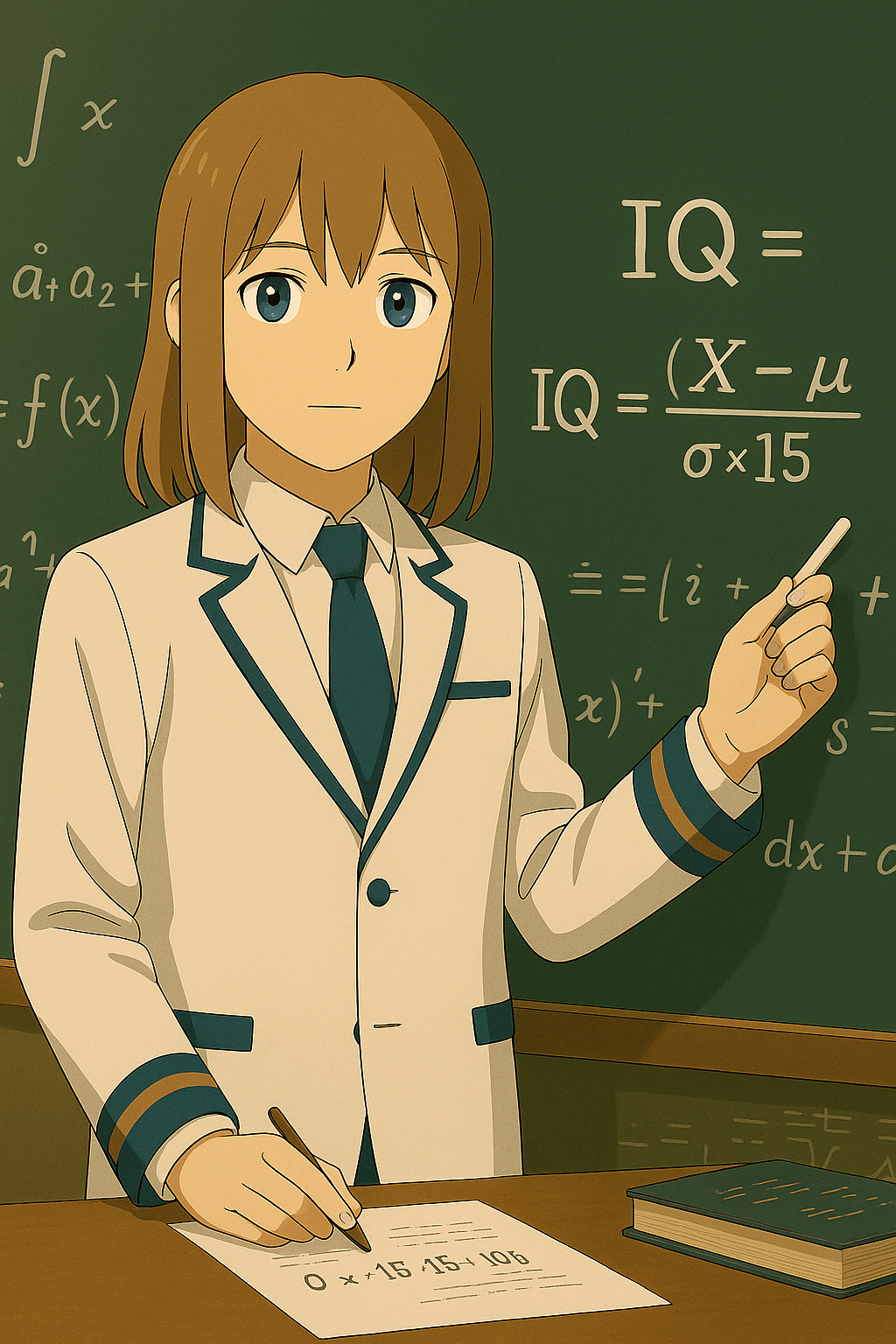 Explaining the definition of IQ formula on the chalkboard