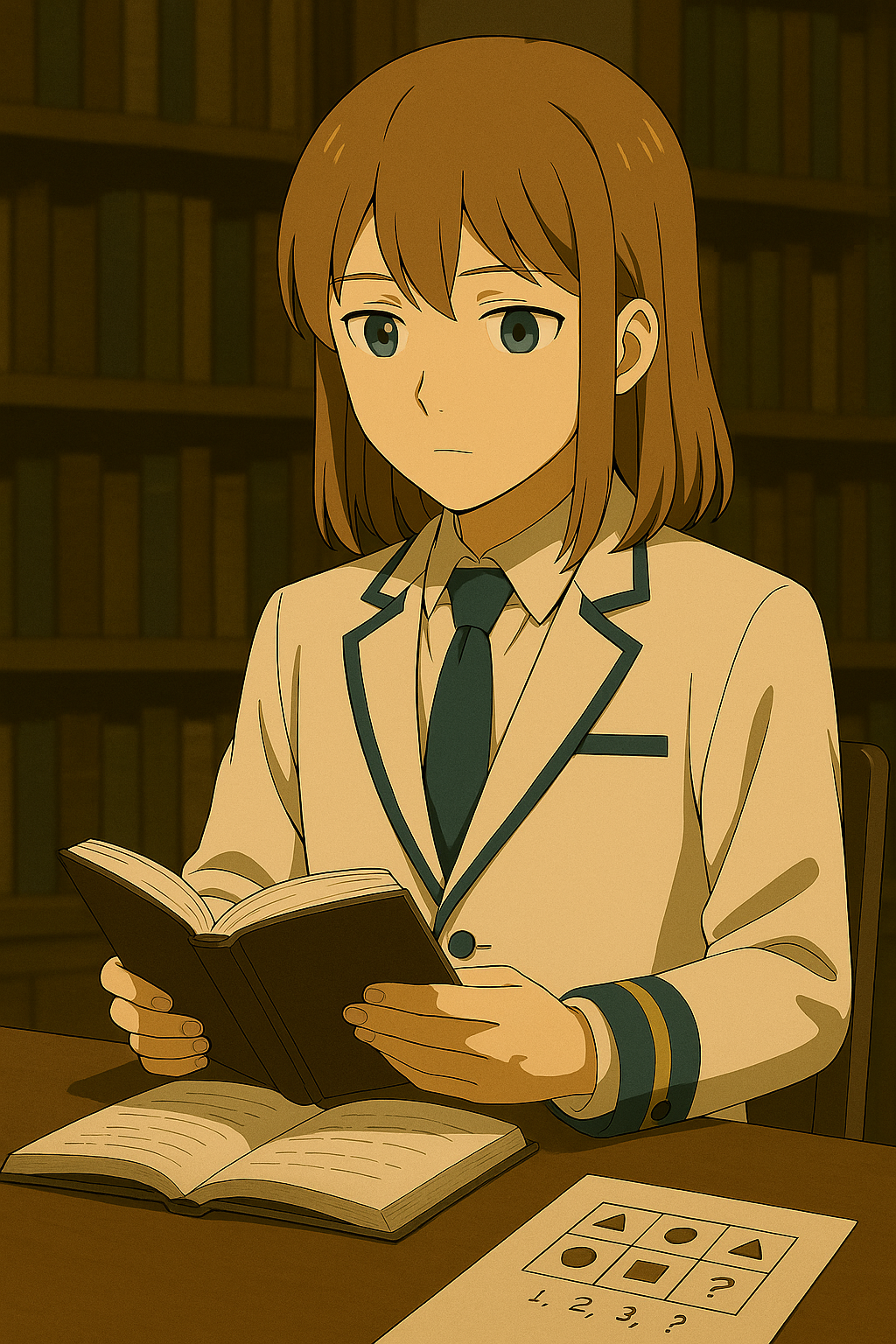 書棚の前で本を読むMaksim。机上には図形と数字のワークシート。言語と構造の両方を使って説明可能にする
