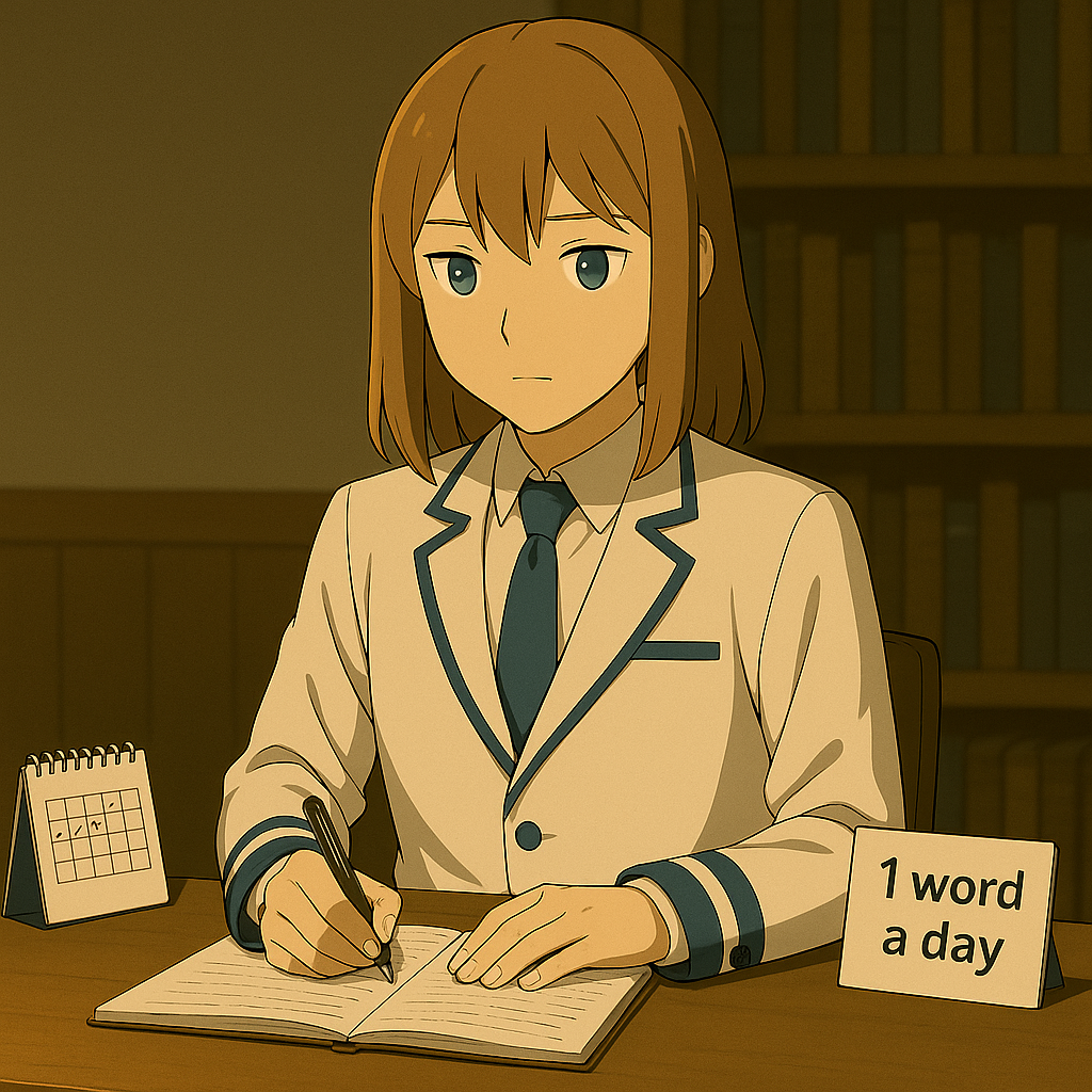 机に『1 word a day』のカードと小さなカレンダー。ノートに淡々と記入するMaksim。