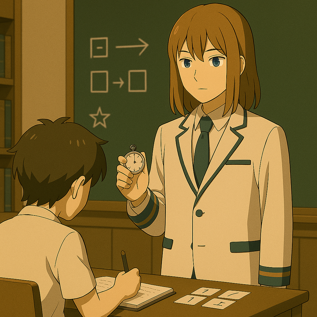 Maksimがストップウォッチを掲げ、学習者が制限時間内で要点を書き出すトレーニングをしている。