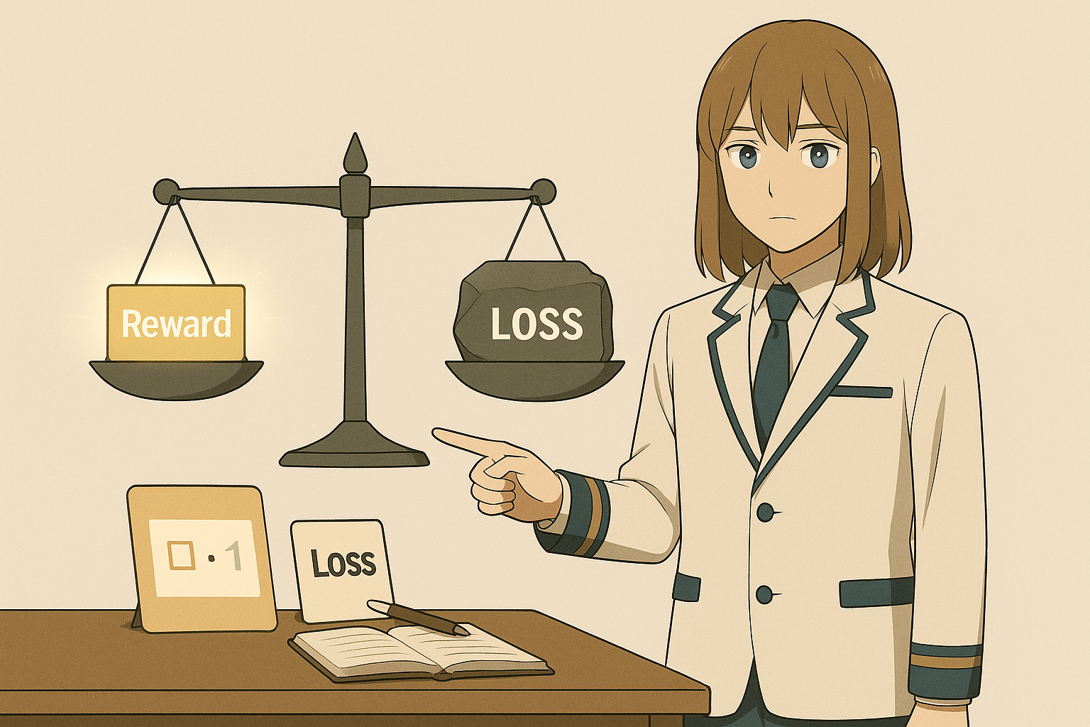 天秤の片側にReward、もう片側にLOSSの重り。Maksimが“損失側の重み”を指し示している。