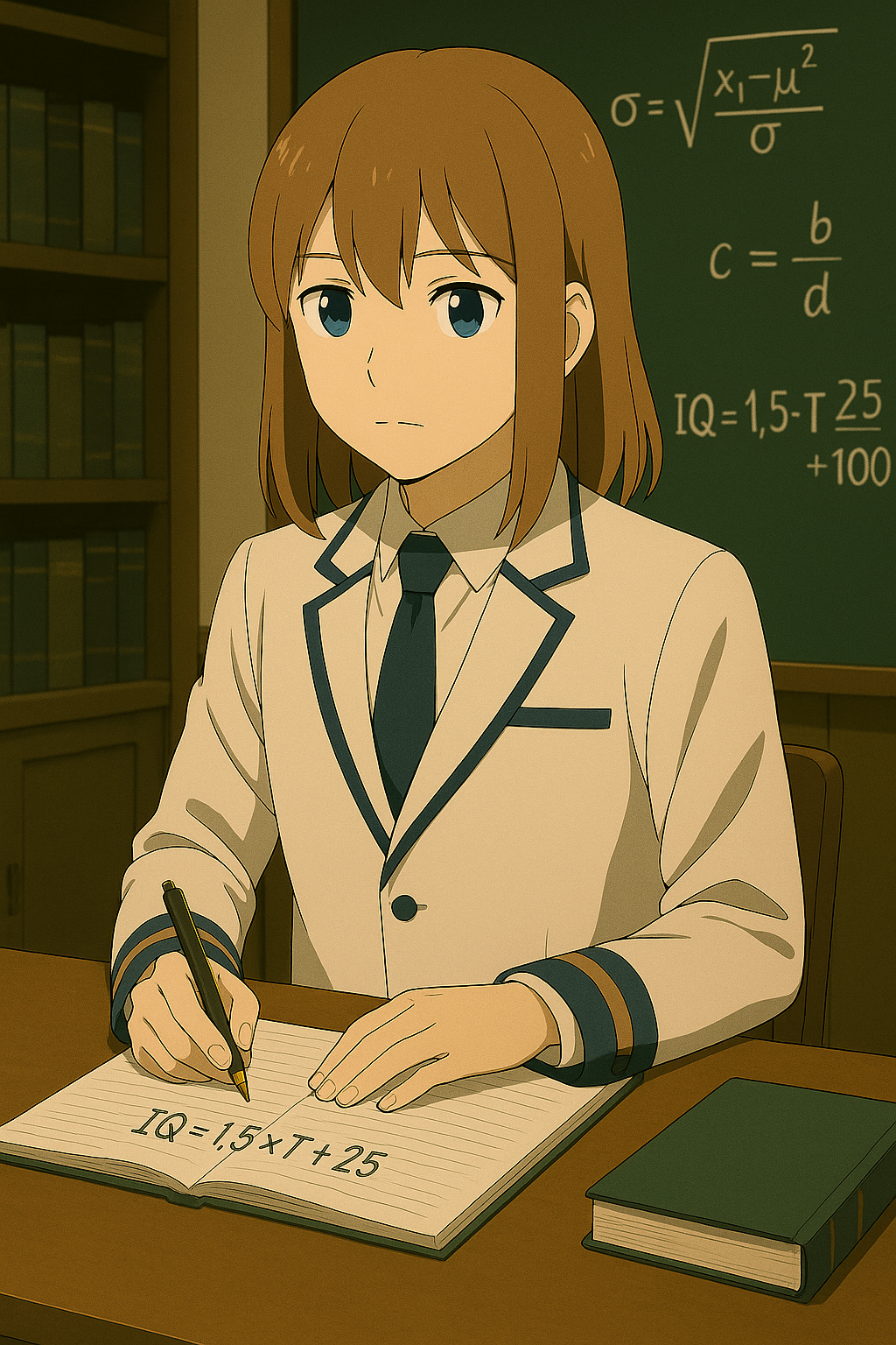 Writing the formula IQ = 1.5 × T + 25 in a notebook
