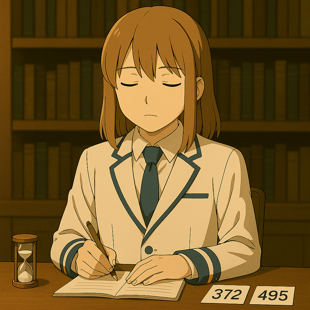 数字カード372と495を前に、目を閉じて暗算に集中するMaksim。ノートは開いているが書き込んでいない。