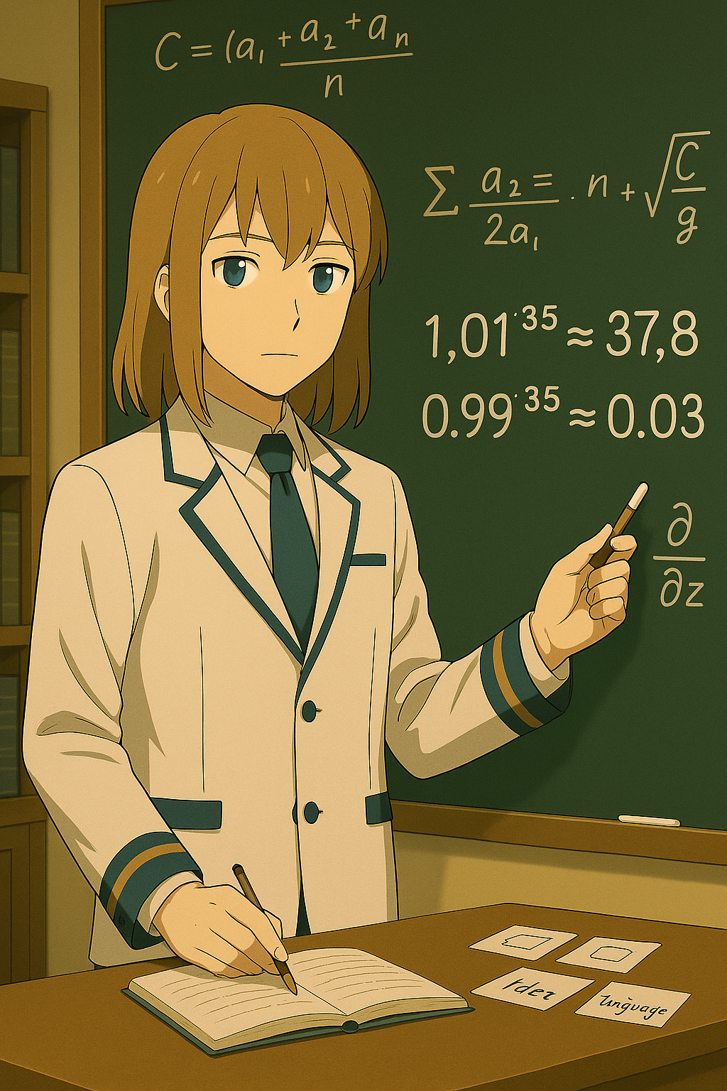 黒板に(1.01)^365 ≈ 37.78 と (0.99)^365 ≈ 0.03 の式を書き示すMaksim。1%の積み重ね効果を解説している場面。