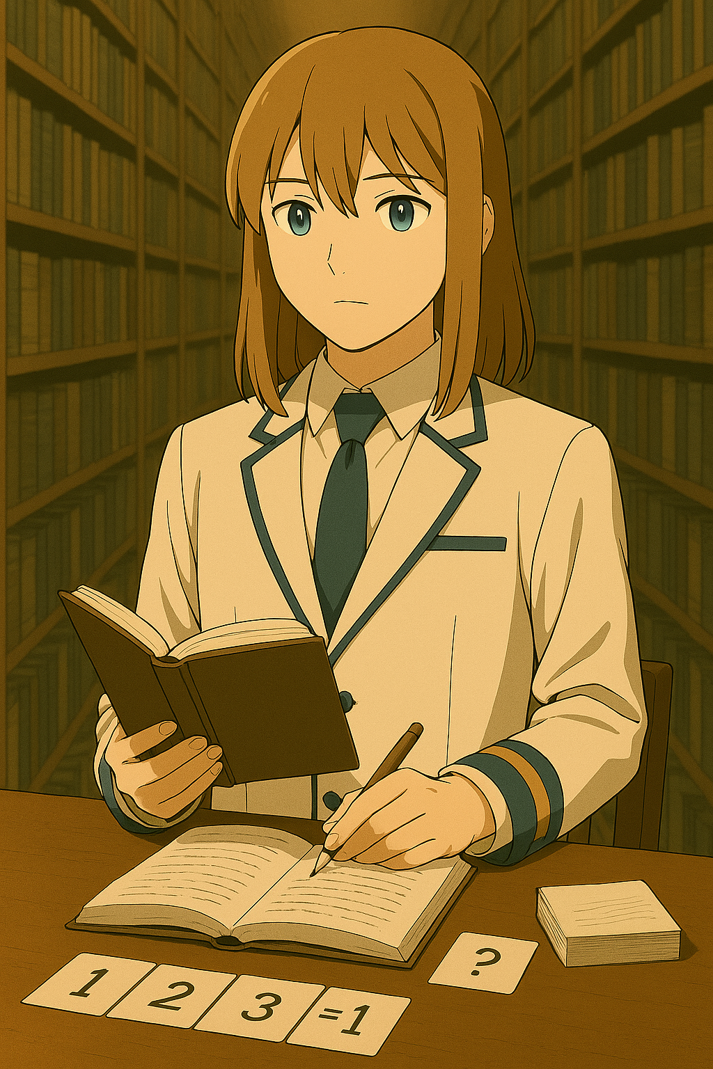 図書館で本を読みながら要点をノートにまとめる制服姿の人物。机には『1 2 3 = 1 ?』のカードが置かれ、情報の海から本質を抽出する様子を表現。