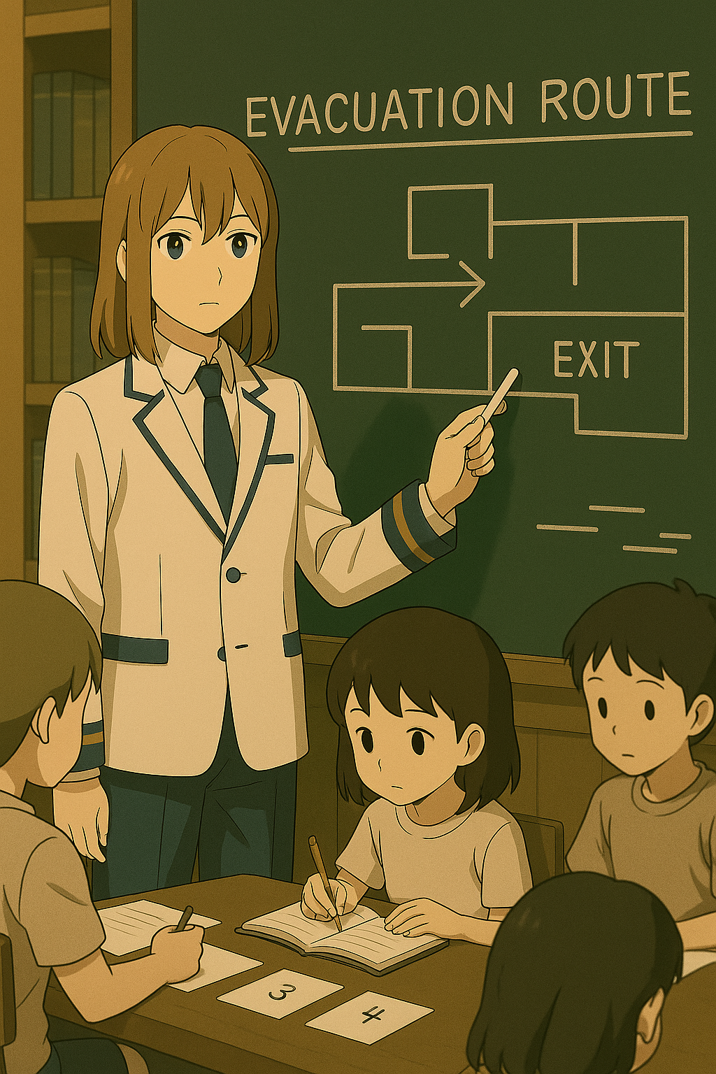 教室の黒板に描かれた避難ルートを指し示す人物と、真剣にメモを取る子どもたち。瞬時の判断を支える知識の内在化を示す。